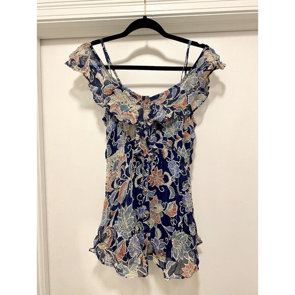 Anthropologie Maeve Mariposa Open-Shoulder Ruffled Top Size 0 Floral Boho Navy - Picture 6 of 12
